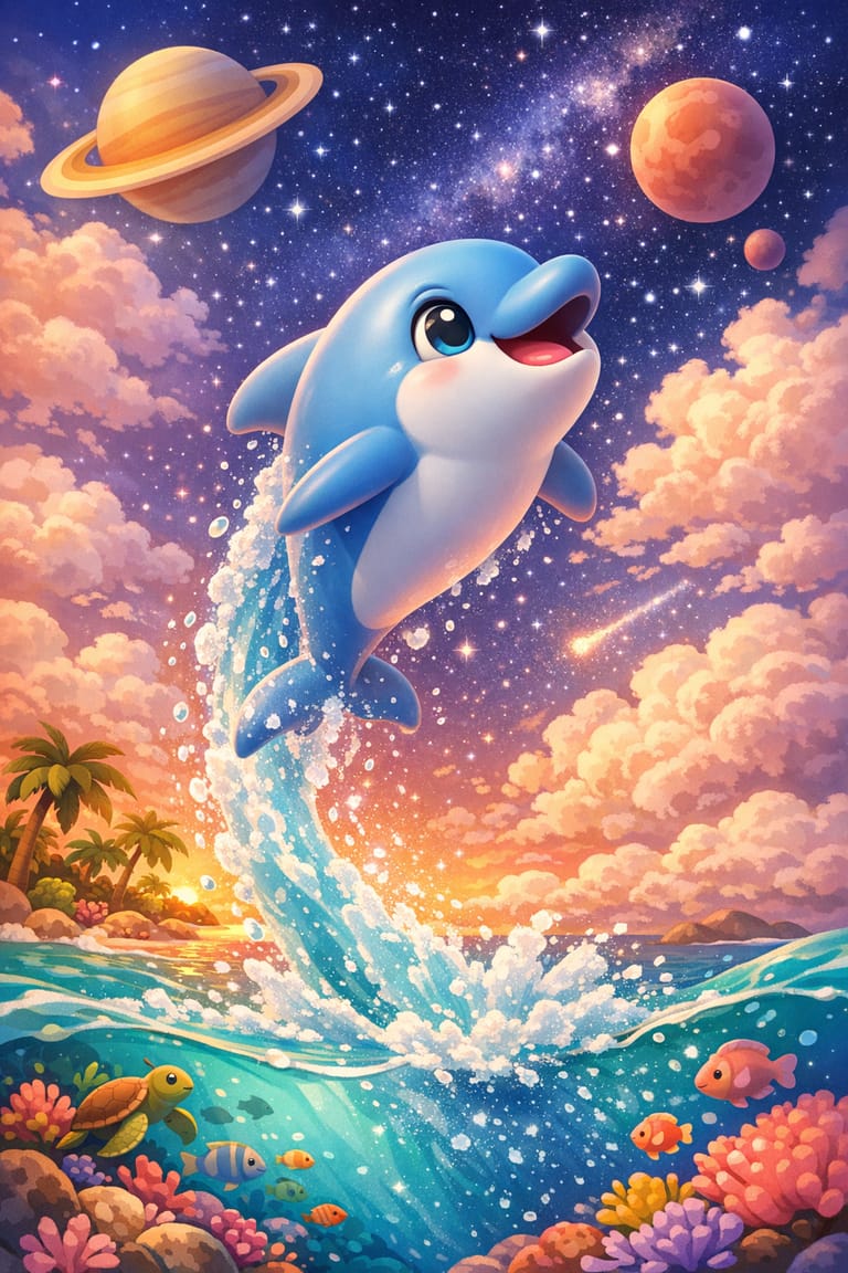 Grafik fra Dolphin Beyond: en delfin springer fra havet op mod stjernerne og planeterne